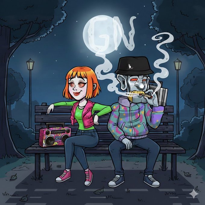 A cartoon illustration of a girl with orange hair and a robotic figure wearing a black cap and colorful hoodie sitting together on a park bench at night under a full moon, with a pink boombox beside them.