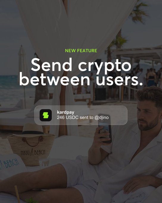 Kardpay feature announcement 'Send crypto between users' showing a beach scene with a transaction notification for 246 USDC sent to @djino.
