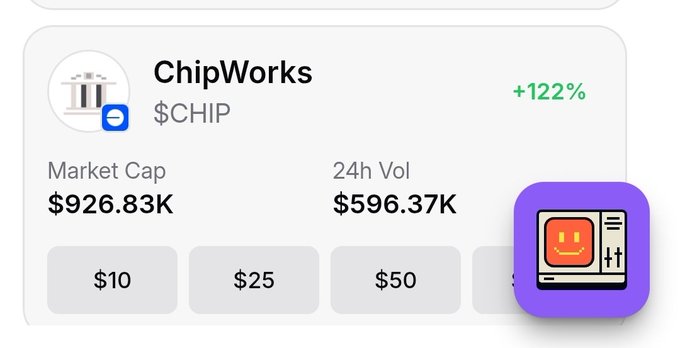 A cryptocurrency trading interface displaying 'ChipWorks ($CHIP)' with a market cap of $926.83K, 24h volume of $596.37K, and a +122% increase.
