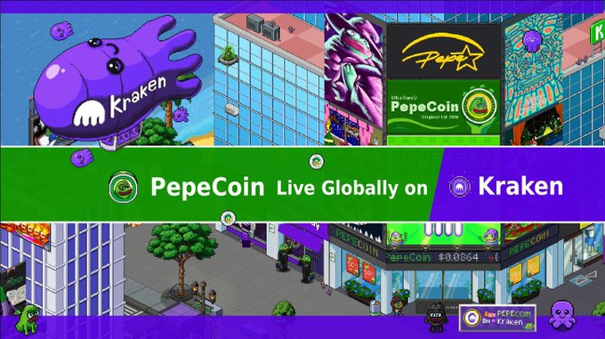 A promotional graphic for the cryptocurrency PepeCoin features a purple octopus-shaped Kraken blimp and city street scene, with text reading 'PepeCoin Live Globally on Kraken.'