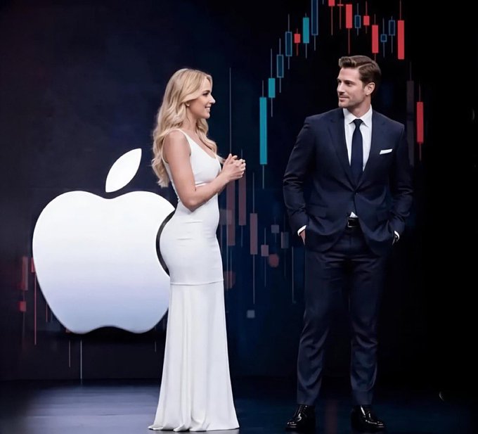 Two formally attired individuals—a woman in a white gown and a man in a dark suit—stand on a stage beside a large Apple logo, with a stylized candlestick stock chart displayed behind them. The image humorously reinforces the post's theme of "stonks" and trading, with the stock chart backdrop visually representing the TSLAx and NVDAx assets mentioned, while the polished presentation evokes a corporate keynote announcing new blockchain-based securities on XDEX.