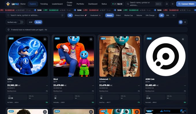 A screenshot of a cryptocurrency/NFT marketplace called 'LEAP' showing verified token listings including LilValu ($1,502.28 MC), lilcoin ($1,479.95 MC), Lilamoscot ($1,478.86 MC), and ADM Coin ($1,483.48 MC).