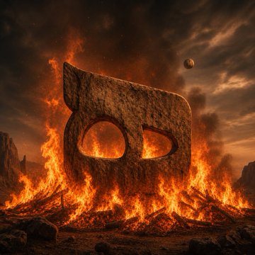 A surreal scene of a giant stone letter 'B' engulfed in flames in a rocky, fiery landscape with a dramatic cloudy sky and a small planet visible in the distance.