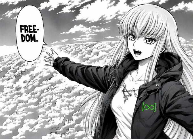 A black-and-white manga-style illustration of a long-haired character with one outstretched arm above a sea of clouds, with a speech bubble reading 'FREE-DOM.'