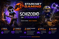 A promotional banner for 'STARKNET GAMING' titled 'SCHIZODIO on STARKNET', featuring skull-headed pirate characters and listing event details: 1. SIGN IN, 2. CONNECT TO STARKNET WALLET, 3. CONNECT DESPORT, 4. GET YOUR STARKVERSE NFT, 5. MINT YOUR NFT.