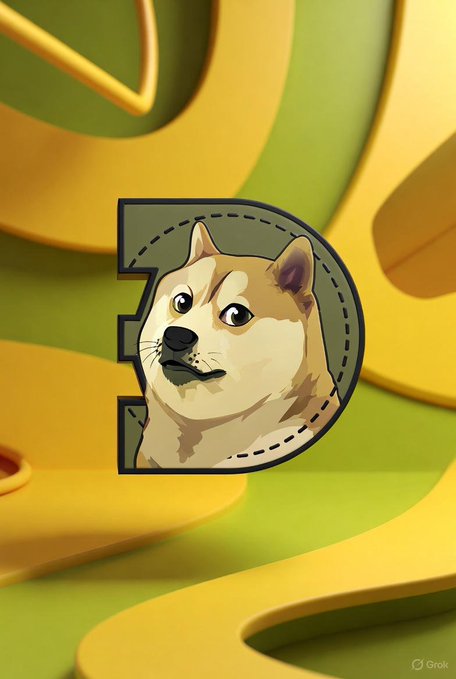 A 3D-rendered letter 'D' features an illustrated Shiba Inu dog's face within its outline, set against a swirling yellow and green background, with a 'Grok' watermark in the corner.