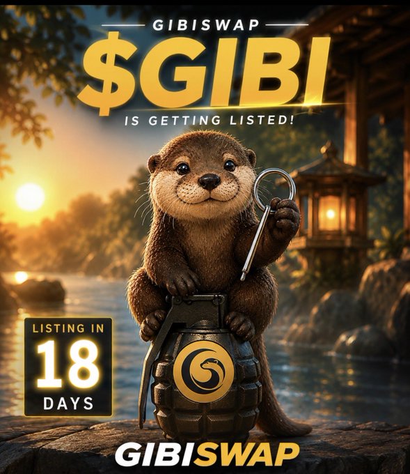 A promotional graphic for GIBISWAP featuring a CGI otter holding a key next to a grenade with the token symbol '$GIBL', announcing a listing in 18 days.