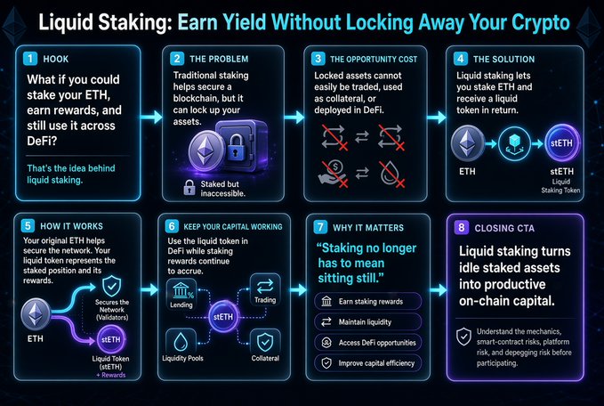 An infographic titled 'Liquid Staking: Earn Yield Without Locking Away Your Crypto' explains the concept through 8 steps, detailing how stETH is used in DeFi for lending, trading, liquidity pools, and collateral.