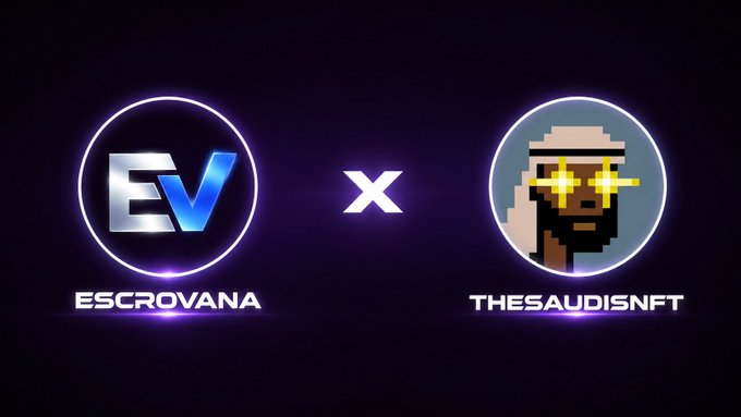 The image displays a collaboration announcement featuring the Escrovana logo (stylized "EV" in a glowing purple circle) alongside a pixelated NFT character wearing sunglasses labeled "THESAUDISNFT," separated by an "X" to signify the partnership. This visual pairs with the post announcing a collab between Escrovana and The Saudis NFT, highlighting details like the 5,555 supply, Robinhood Chain integration, and upcoming mint with GTD + FCFS spots.