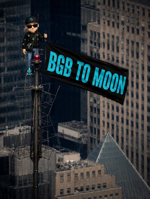 A cartoon character wearing sunglasses and a cap waves a large black flag reading "BGB TO MOON" in bright blue letters while standing atop a tall antenna overlooking a city skyline, visually reinforcing the bullish "to the moon" sentiment for $BGB holders in the GM post.