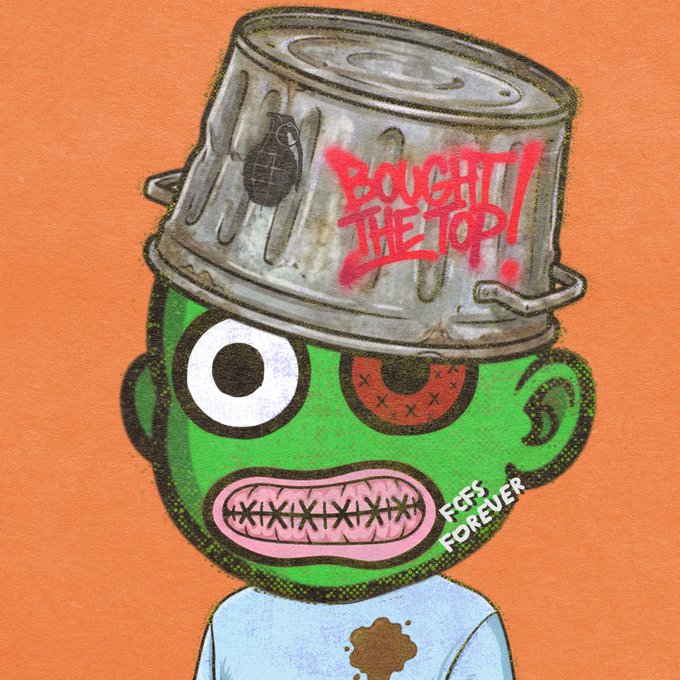 A cartoon character wears a metal trash can as a hat with "BOUGHT THE TOP!" graffiti on it in red, while green-faced with an "X" eye says "FCFS FOREVER."

The illustration humorously visualizes the post's playful "bought the top" sentiment, showing the author proudly rocking a dumpster-overflowing NFT hat to celebrate their latest alpha discovery from the JPEG Frens collection.