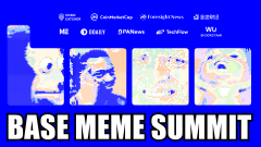 A blue event banner reads “BASE MEME SUMMIT” in large white text, with several crypto-related logos and meme-style graphic panels across the top.