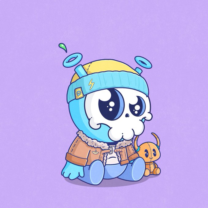 A cartoon illustration of a cute blue and white character wearing a yellow and blue knit hat with halo rings, a brown bomber jacket, and sitting next to a small orange dog-like creature on a lavender background.