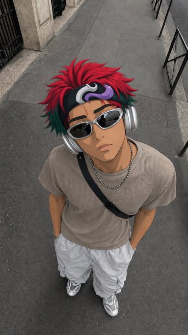 An anime-style character with spiky red and green hair, wearing sunglasses, silver headphones, and a grey t-shirt, standing on a sidewalk.