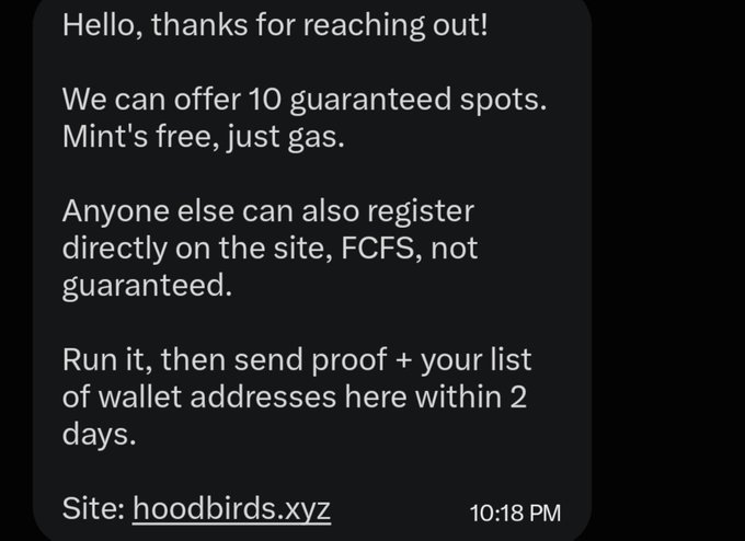 A screenshot of a text message confirming 10 guaranteed whitelist spots for the Hoodbirds NFT mint (hoodbirds.xyz), where minting is free except for gas fees, with additional spots available first-come-first-served. The message supports the accompanying post's announcement of a community giveaway for the Hoodbirds NFT drop on Robinhood Crypto.