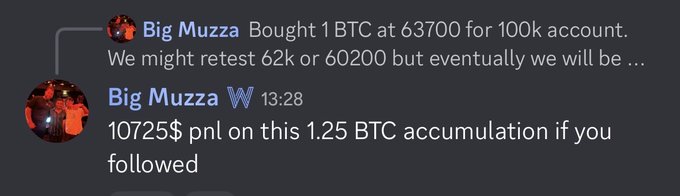 A screenshot of Discord messages from user 'Big Muzza' discussing Bitcoin trading, mentioning 'Bought 1 BTC at 63700 for 100k account' and '10725$ pnl on this 1.25 BTC accumulation'.