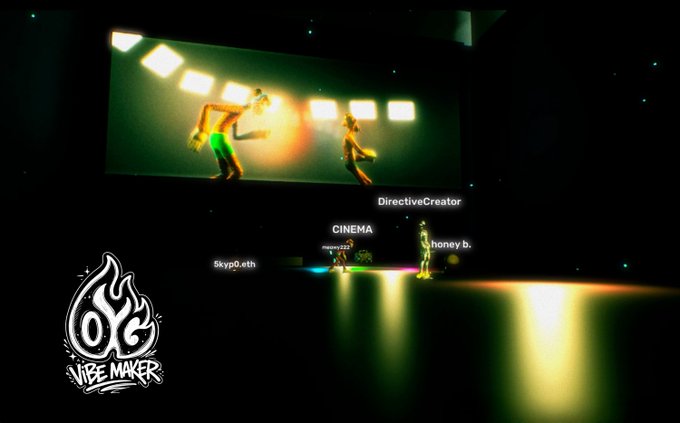 A virtual cinema screen displays animated figures dancing under stage lights, with player usernames "DirectiveCreator," "CINEMA," "honey b," and "5kyp0.eth" visible above avatars in the dark virtual space. The "VIBE MAKER" logo appears in the corner, promoting a pre-game hangout in the Vibe World on Otherside metaverse.