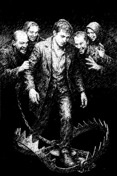 A dark, sketch-style illustration showing a central man in a suit being restrained by four sinister-looking figures, standing above a large animal trap with teeth.