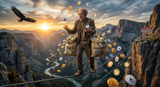 An artistic illustration depicts an elderly man carefully walking on a tightrope across a vast canyon, carrying two large bags overflowing with gold and cryptocurrency coins labeled 'DINERO' and 'SCRIPTOMONEDAS'.