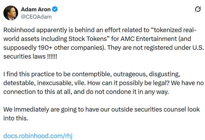 A tweet from Adam Aron (@CEOAdam) criticizing Robinhood for allegedly offering unregistered 'tokenized real-world assets' including Stock Tokens for AMC Entertainment.