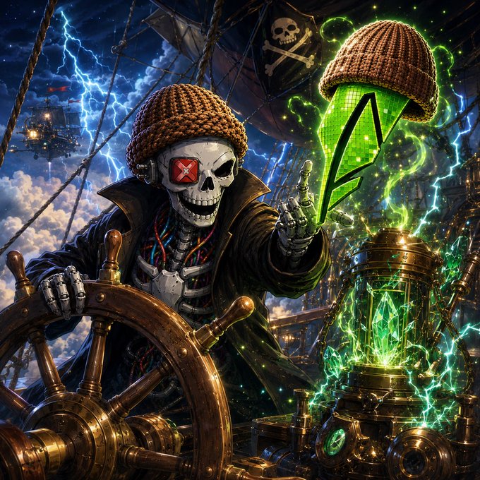 A skeletal pirate captain with a crocheted beanie hat steers a ship's wheel while summoning a glowing green "$WIF" coin emerging from a futuristic, mystical jar, set against a dramatic backdrop of stormy seas and pirate ships. The scene creatively fuses classic pirate imagery with the meme-inspired $WIF token, symbolizing a treasure hunt on the high seas of crypto.