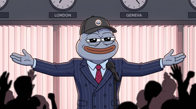 A cartoon Pepe the Frog character in a pinstripe suit and a "Make Cryptos Great Again" hat stands at a microphone with arms outstretched, addressing a silhouetted audience with "LONDON" and "GENEVA" clock signs in the background.