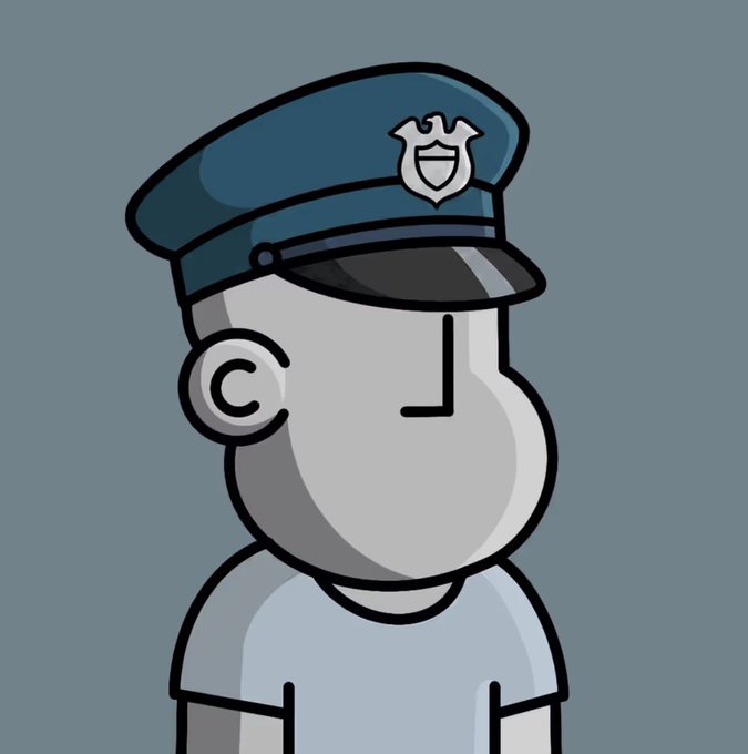 A cartoon figure wearing a blue police-style cap with a badge is shown against a gray background. The image ties into the "Sunday morning snag" post about @npconchain, with the officer character playfully symbolizing the need to stay vigilant and not overlook the project.