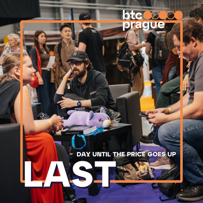 A promotional image for "btc prague" shows people sitting on couches at an event, with text reading "DAY UNTIL THE PRICE GOES UP LAST" and an orange border framing the scene.