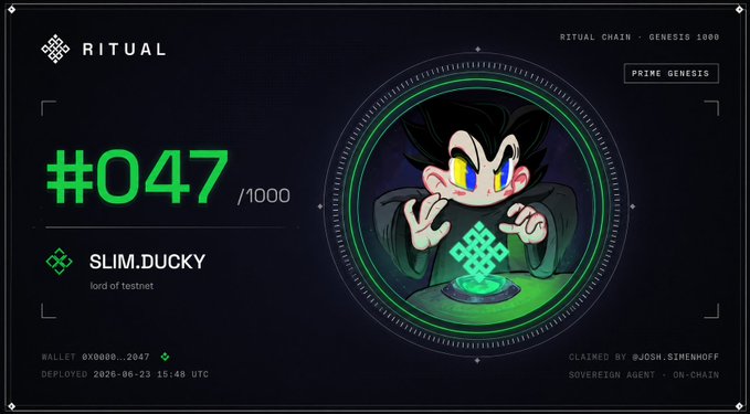 A Ritual Chain Genesis 1000 NFT card (#047/1000) featuring a cartoon ducky wizard character conjuring a green gem, designated to "SLIM.DUCKY" as "lord of testnet" and claimed by @JOSH.SIMENHOFF as a sovereign agent. The card illustrates the genesis NFT reward for early Ritual testnet participants, aligning with the guide on minting a Genesis NFT after deploying an autonomous agent.
