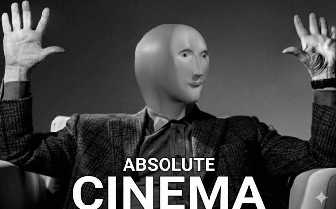 A black-and-white meme image showing a person wearing a featureless white mask with raised hands in a dramatic pose, with the text 'ABSOLUTE CINEMA' overlaid at the bottom.