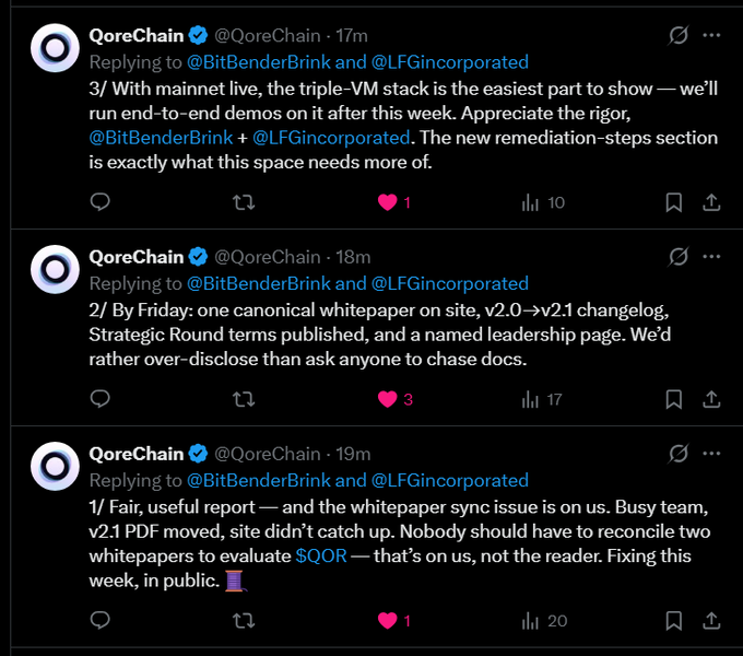 In the image, there are three twitter posts from a person named @Qorechain, each one representing a different topic or piece of information. The posts include a reference to BitCoin, a quote about LinkedIn, and a tweet about a white paper that is being edited at a company. These posts seem to be written in response to a post on the same account, which talks about BitCoin's collaboration with Linkedin. The posts are arranged sequentially, with each one providing different pieces of information or discussing different aspects related to the topic of bitCoin and LinkedIn.