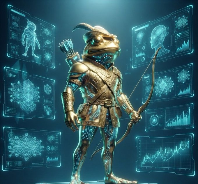 A futuristic golden frog archer clad in ornate armor stands holding a bow, surrounded by floating holographic data panels showing anatomical scans, neural networks, and financial charts. The image evokes the post's theme of AI agents operating as production-ready infrastructure in tokenized markets, with the archer symbolizing precision and the data interfaces representing the agentic analytics and on-chain execution capabilities.