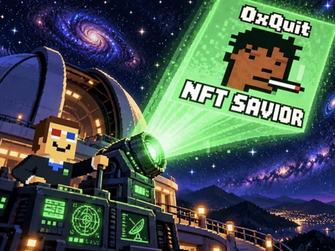 A pixel-art character in 3D glasses stands at a space observatory, projecting an image into the starry cosmos that reads "0xQuit NFT SAVIOR" with a pixelated figure smoking a cigarette. The image illustrates the post's theme, depicting the story of 0xQuit being broadcast to the stars as the "NFT Savior."