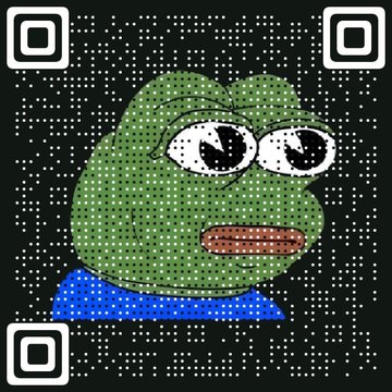 A QR code overlaid with a pixelated-style illustration of Pepe the Frog with half-lidded eyes and a blue shirt.