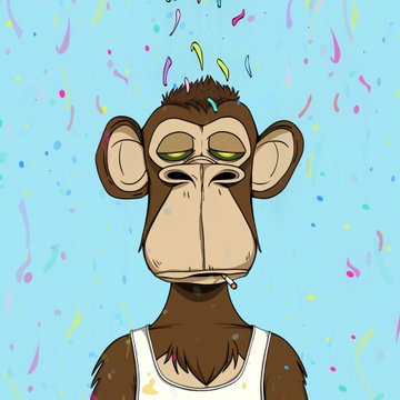 A cartoon illustration of a bored-looking monkey character with half-closed green eyes wearing a white tank top, set against a light blue background with colorful confetti-like splatters.