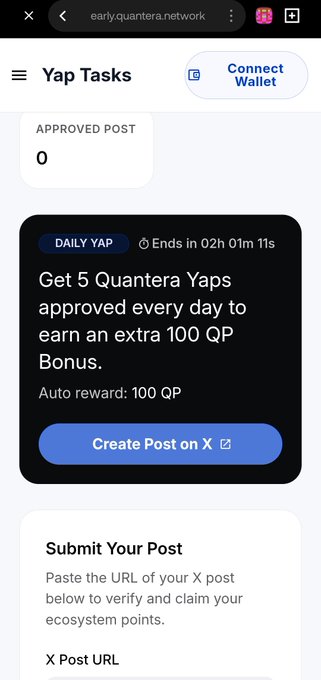 A mobile screenshot of a web page on early.quantera.network titled "Yap Tasks," showing a "DAILY YAP" task to "Get 5 Quanterera Yaps approved every day to earn an extra 100 QP Bonus" with a "Create Post on X" button.