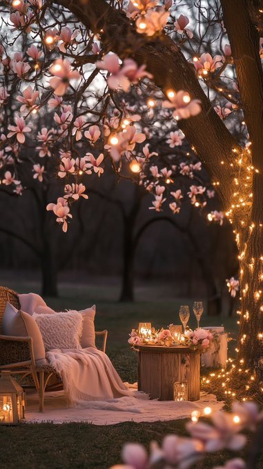 A romantic outdoor scene featuring a tree adorned with string lights and pink blossoms, a cozy seating area with pink pillows and blankets, and a small table with candles and champagne glasses.