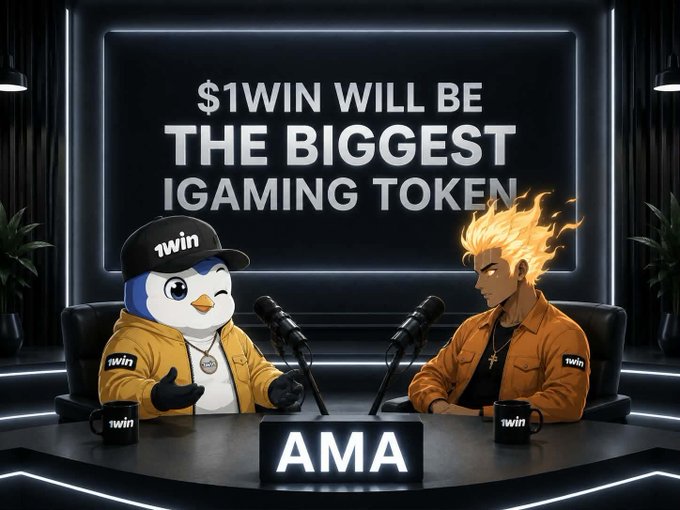 An anime-style promotional image for a 1WIN AMA session shows a penguin mascot and a flame-haired anime character at a podcast desk with the banner '$1WIN WILL BE THE BIGGEST IGAMING TOKEN' and 'AMA' displayed, featuring 1WIN branding on mugs and clothing.
