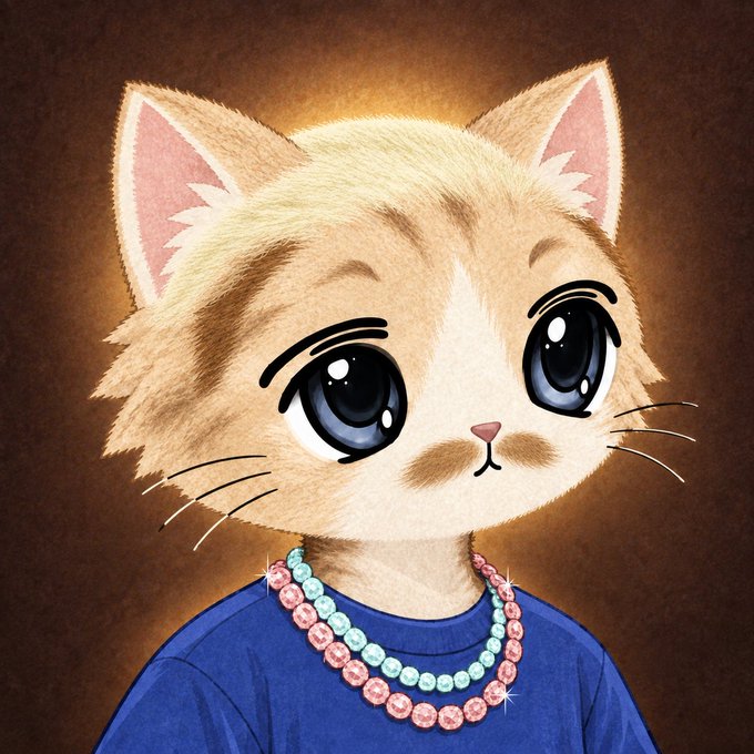 A detailed illustration of a fluffy orange and cream kitten with large expressive blue eyes, wearing a blue shirt and a beaded pink and turquoise necklace against a brown background.