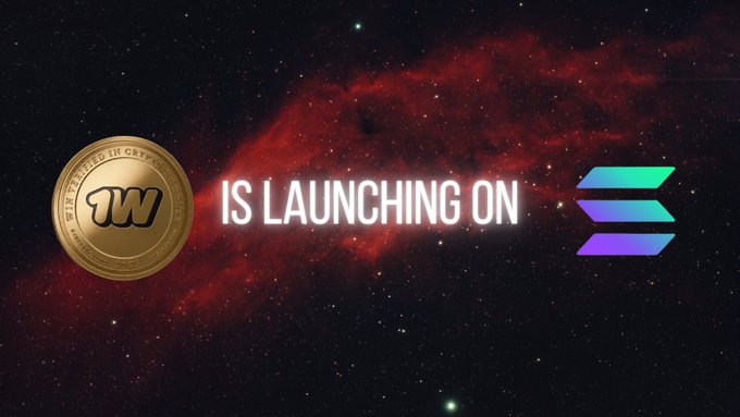 A promotional graphic stating 'IS LAUNCHING ON' with a gold 'IW' token on the left and the Solana logo on the right, set against a starry space background.