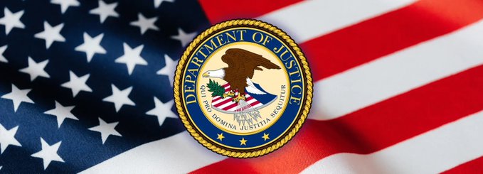 The seal of the United States Department of Justice displayed over an American flag background, featuring an eagle emblem and the Latin motto 'PRO DOMINA JUSTITIA SEQUITUR'.