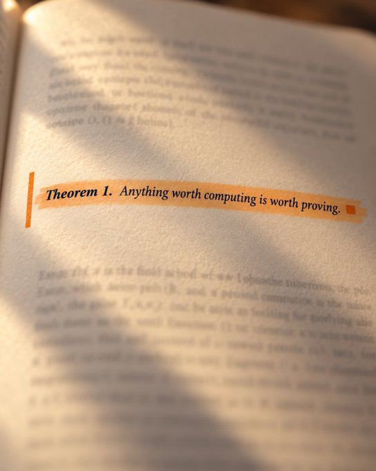 A close-up photograph of an open book with highlighted text reading 'Theorem 1. Anything worth computing is worth proving.' illuminated by warm sunlight.