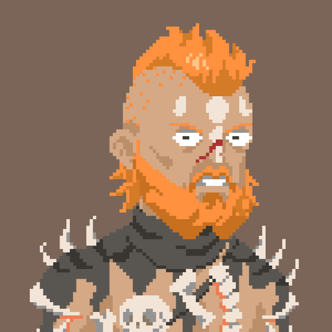 A pixel-art style portrait of a bearded man with orange hair and facial scars, wearing dark spiked armor adorned with white skulls on the shoulders, set against a plain brown background.