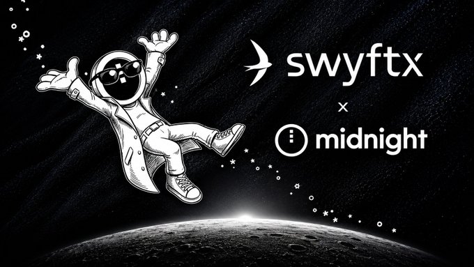 A black promotional banner featuring a cartoon astronaut floating in space, announcing a collaboration between 'swyftx' and 'midnight' brands.