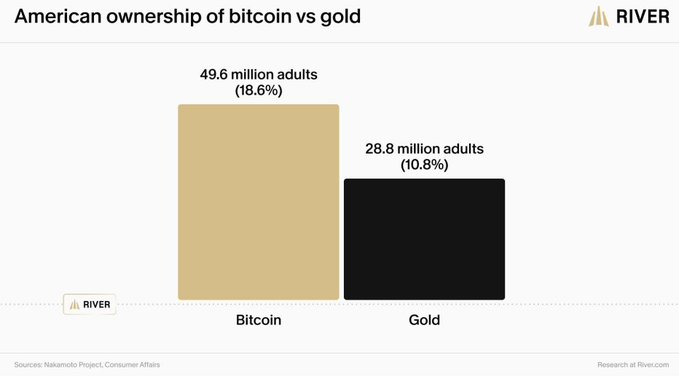 A bar chart titled "American ownership of bitcoin vs gold" compares crypto and traditional holdings, showing 49.6 million US adults (18.6%) own Bitcoin compared to 28.8 million adults (10.8%) who own gold. This visualization from River supports the post's point that with ~50 million Americans owning Bitcoin—mostly in tiny amounts averaging roughly 0.02 BTC—crypto adoption in the US is still in its early stages relative to the long-established ranks of gold owners.