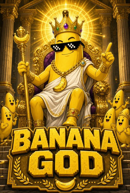A digital illustration titled 'BANANA GOD' featuring an anthropomorphic banana wearing sunglasses, a crown, and gold jewelry, sitting on a throne surrounded by smaller banana characters.
