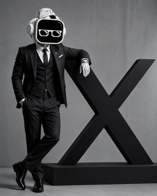 A black-and-white artistic photo of a person in a formal suit and tie leaning against a large black X-shaped sculpture, wearing a VR/pixelated glasses headset.