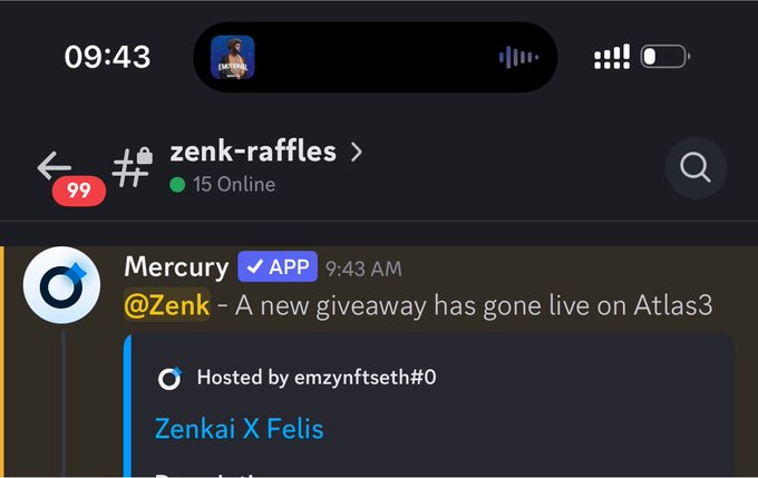 A Discord screenshot of the 'zenk-raffles' server (15 Online) showing a message from Mercury (@Zenk) at 9:43 AM announcing 'A new giveaway has gone live on Atlas3' hosted by emzynftseht#0 for 'Zenkai X Felis'.