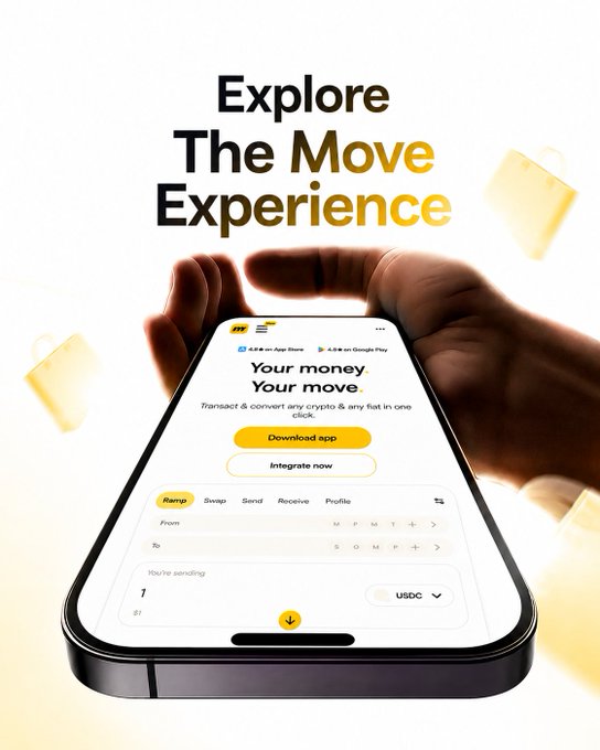 An advertisement for the 'Move Experience' app showing a smartphone displaying a crypto/fiat transaction interface with the tagline 'Your money Your move' and options to download or integrate.