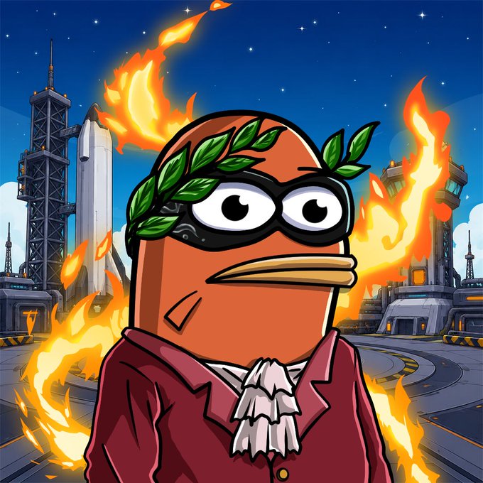 The image features a cartoon fish-like character wearing a laurel wreath, a powdered wig, and a burgundy coat, standing in front of a launchpad with a rocket and flames, evoking an "NFT launch" or "going to the moon" motif. It visually ties to the post by symbolizing a triumphant, viral NFT moment—suggesting that Monad NFTs are poised for a breakout despite skeptics' doubts.